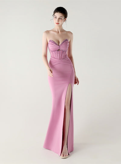 Mermaid Strapless Pleats Beading Prom Dress