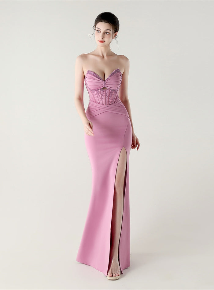 Mermaid Strapless Pleats Beading Prom Dress