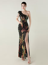 Black Mermaid Sequins One Shoulder Beading Prom Dress