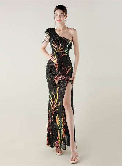 Black Mermaid Sequins One Shoulder Beading Prom Dress