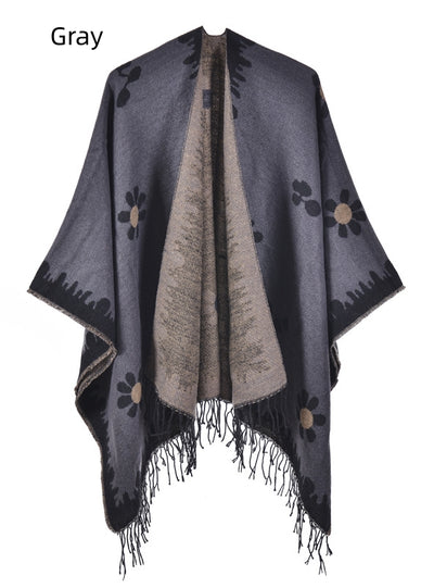 Flower Knit Cardigan Tassel Split Warm Cloak