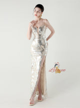 Mermaid Sequins Spaghetti Straps Split Beading Prom Dress
