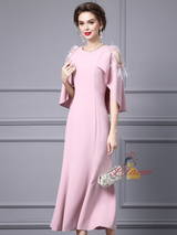 Red Scoop Neck Sequins Mother Of The Bride Dress