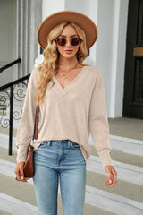 V-neck Loose Long Sleeve Button T-shirt