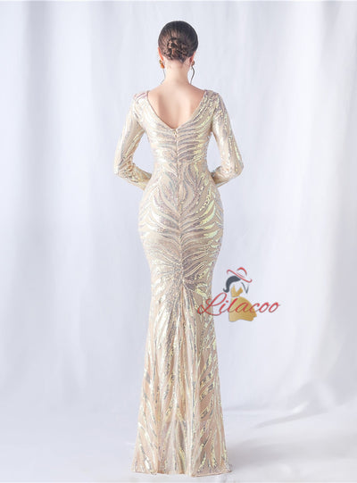 Mermaid V-neck Long Sleeve Sequins Prom Dress