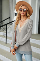 V-neck Contrast Split Loose Long Sleeve T-shirt