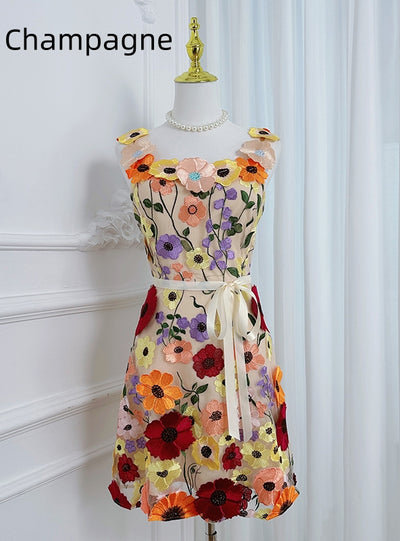Flower Embroidered Suspender Dress