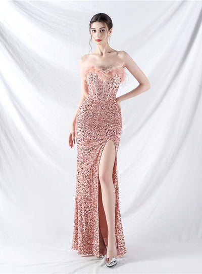 Mermaid Sequins Strapless Split Prom Dress