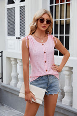 Solid Color Round Neck Button Drawstring T-Shirt