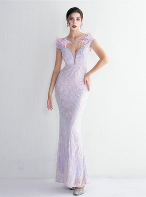 Mermaid Sequins Off the Shoulder Feather Prom Dress