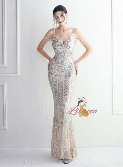 Sequins Mermaid Spaghetti Straps Beading Prom Dress