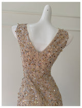 Gold Sequins V-neck Beading Prom Dress