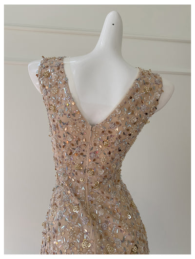 Gold Sequins V-neck Beading Prom Dress