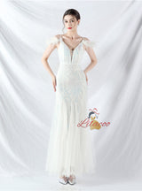 Spaghetti Straps Sequins Feather Prom Dress