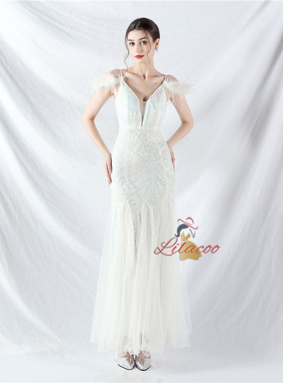 Spaghetti Straps Sequins Feather Prom Dress