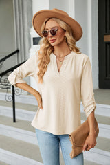 Solid Color V-neck Button Loose T-shirt