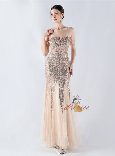 Sequins Tulle Spaghetti Straps Beading Prom Dress