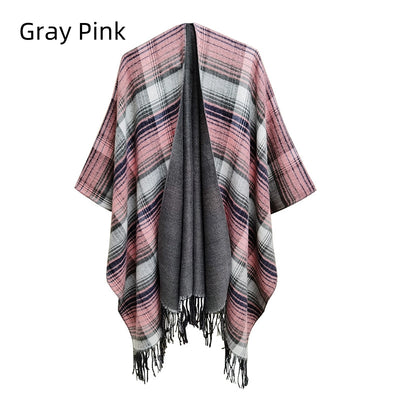 Checked Tassel Split Shawl