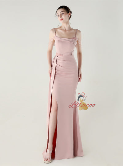 Burgundy Mermaid Spaghetti Straps Beading Prom Dress