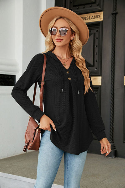 V-neck Loose Long-sleeved Hooded Top