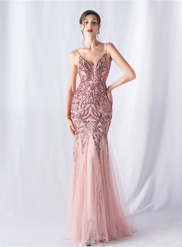Mermaid Sequins Tulle Spaghetti Straps Prom Dress