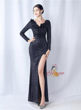 Long Sleeve V-neck Sequins Split Prom Dress