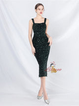 Sheath Sequins Straps Tea Length Prom Dress