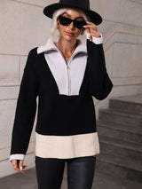 Pullover Color Matching Long Sleeve Zipper Sweater