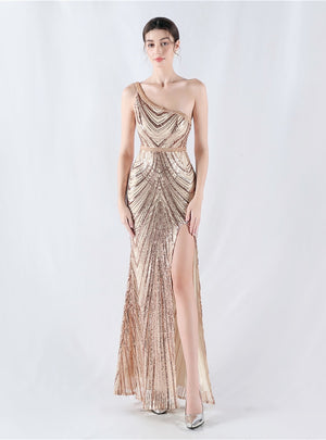 Mermaid Sequins One Shoulder Beading Prom Dress