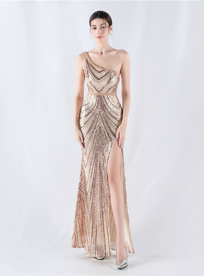 Mermaid Sequins One Shoulder Beading Prom Dress