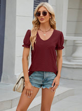 Solid Color V-neck Loose Short-sleeved T-shirt