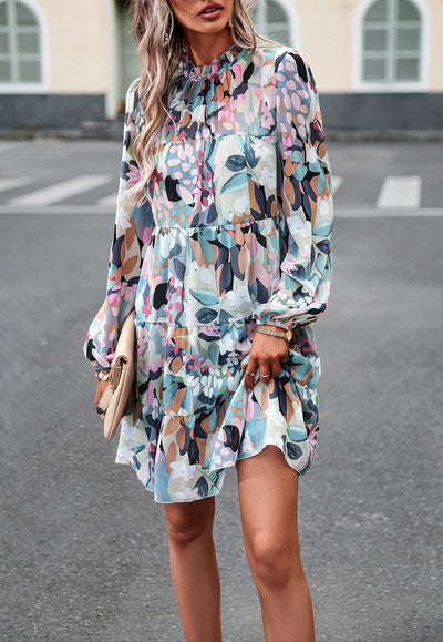 Printed Long-sleeved Short Dress