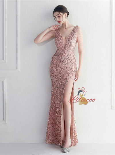 V-neck Mermaid Sequins Prom Dress