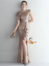 Mermaid Sequins Cap Sleeve Split Prom Dress