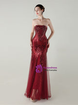 Mermaid Tulle Sequins Strapless Beading Prom Dress