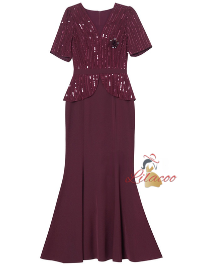 Apricot Short Sleeve Sequins Mother Of The Bride Dress