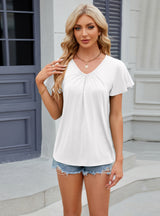 Solid Color Pleated V-neck Short-sleeved T-shirt