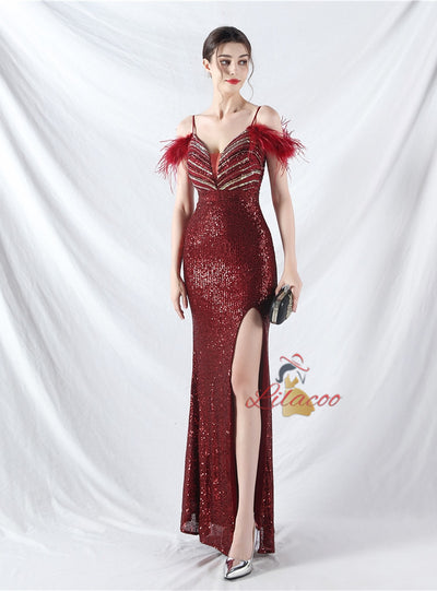 Spaghetti Straps Sequins Split Prom Dress