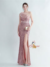 Mermaid Sequins One Shoulder Beading Split Prom Dress