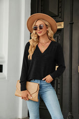 Solid Color V-neck Loose Casual Long Sleeve T-shirt