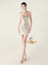 Spaghetti Straps Sequins Beading Short Prom Dress