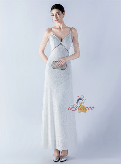 Spaghetti Straps V-neck Beading Prom Dress