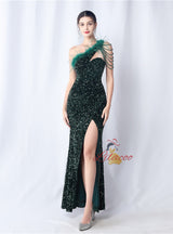 One Shoulder Sequins Split Prom Dress