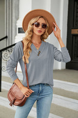 V-neck Button Loose Long Sleeve T-shirt