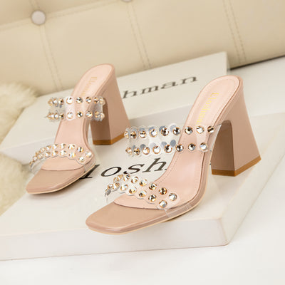 Thick High-heeled Rhinestone Transparent Sandals