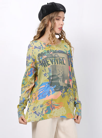 Round Neck Loose Medium and Long Printed Sweater
