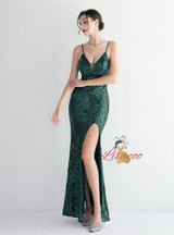 Spaghetti Straps Mermaid Sequins Split Prom Dress