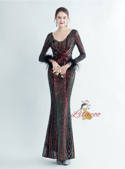 Long Sleeve Mermaid V-neck Sequins Prom Dress