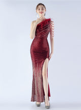 One Shoulder Sequins Split Prom Dress