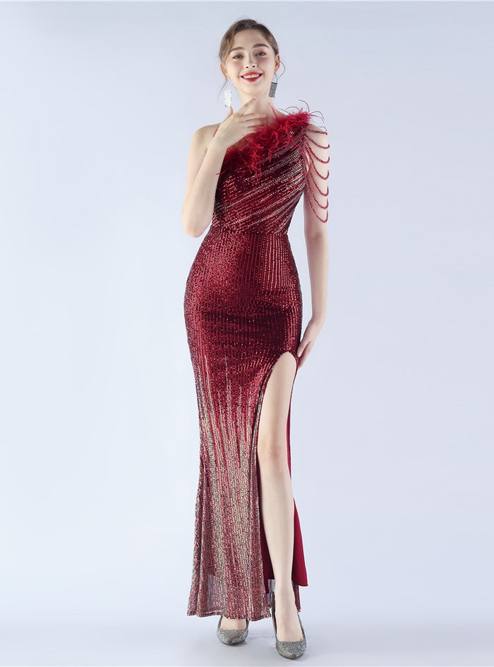 One Shoulder Sequins Split Prom Dress